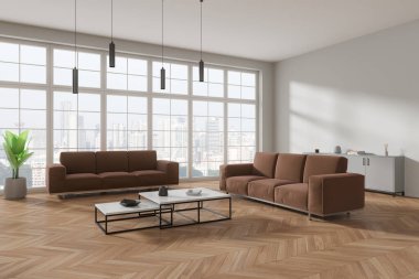 Beyaz duvarları, ahşap zemini, sehpanın ve panoramik pencerenin yanında duran rahat kahverengi koltukları olan şık ofis bekleme odasının köşesinde. 3d oluşturma