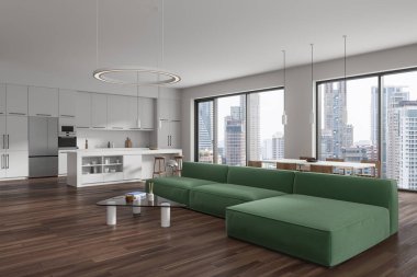 Kanepe ve bar adası olan düz stüdyo manzarası, yemek pişirme ve yemek alanı. Bangkok gökdelenlerinde panoramik pencereli rahat bir daire. 3B görüntüleme