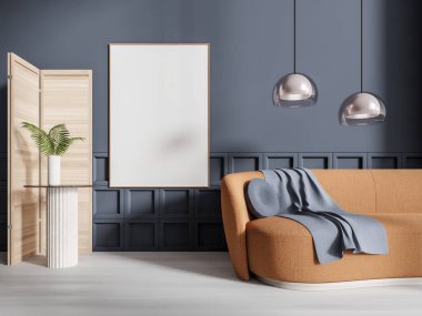 Şık bir ev oturma odası kanepesi, ahşap zeminde şık bir sanat dekorasyonu olan giyinme perdesi. Minimalist rahatlama yeri ve tuval posteri. 3B görüntüleme