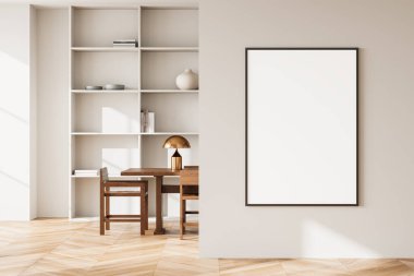 Yemek masası ve sandalyeli, dekorasyonlu raflı şık bir oturma odası. Modern mobilya ve sanat dekorasyonlu yemek odası. Duvar bölmesindeki tuval posterini taklit et. 3B görüntüleme