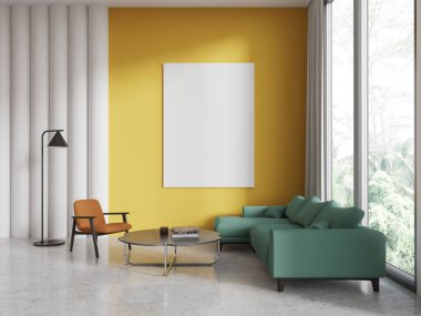 Parlak oturma odasının içinde kanepe, kahve masası ve beton zeminde zarif sanat dekorasyonu. Uzay tuvali posterini kopyala. Tropik bölgelerde panoramik pencere. 3B görüntüleme