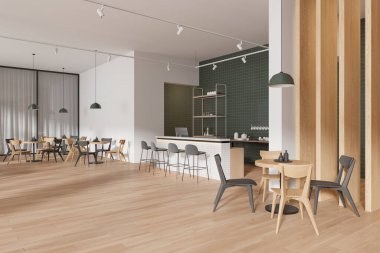 Kafenin içi, sıralı sandalyeler ve masalar, mutfak gereçleri olan yan görüş tezgahı. Minimalist mobilyaları ve nakit masası olan modern bir kafeterya. 3B görüntüleme