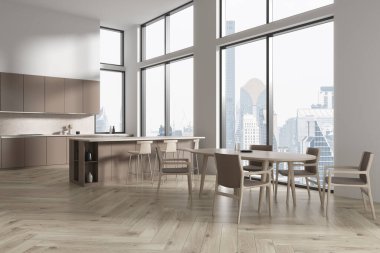 Beyaz duvarlı şık bir mutfak, ahşap zemin, bej dolaplar ve dolaplar, tabureli rahat bir ada ve sandalyeli oval yemek masası. 3d oluşturma