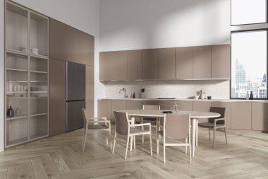 Yemek masası ve sandalyeli ev mutfağı manzarası Bangkok gökdelenlerinin panoramik penceresi. Dolap ve buzdolabı ile yemek ve köşe. 3B görüntüleme