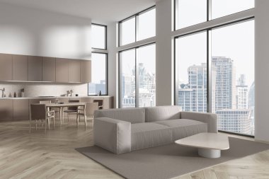 Stüdyonun iç manzarası kanepe ve yemek masası, ahşap zeminde yan manzara halısı. Bangkok gökdelenlerinin panoramik penceresi. 3B görüntüleme