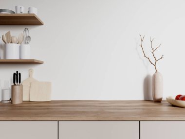 Modern ev mutfağı, mutfak gereçleri ve dekorasyonu modern dairede rahat yemek yapma alanı. Ahşap tezgahı aletlerle kapatın. 3B görüntüleme