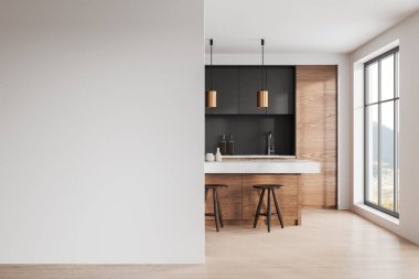 Bar adası, tabure ve ahşap döşemeli beyaz ev mutfağı. Mutfak gereçleri ve panoramik pencereli mutfak dolabı. Boşluk boşluğunu kopyala. 3B görüntüleme