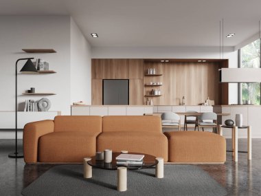 Beyaz ve ahşap duvarları, beton zemini, rahat beyaz dolapları, yemek masası ve sehpanın yanında duran rahat turuncu kanepesi olan modern mutfağın içi. 3d oluşturma