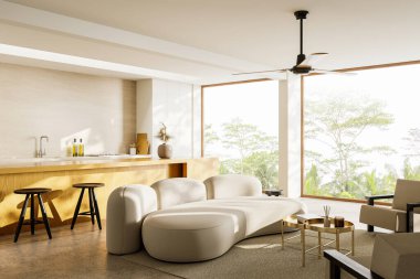 Beyaz duvarları, beton zemini, beyaz dolapları, tabureleri ve rahat beyaz koltukları olan rahat ahşap adanın köşesi. 3d oluşturma