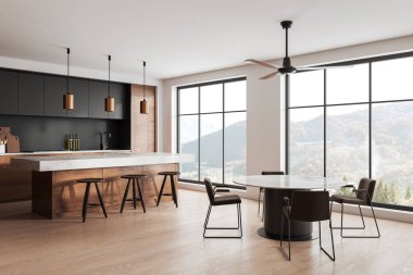 Köşe manzaralı ev mutfağı, bar adası, yemek masası, mutfak gereçleri olan ahşap dolap. Panoramik pencereli yemek ve pişirme alanı. 3B görüntüleme