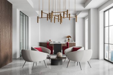 Beyaz duvarları, beton zemini, kırmızı sandalyeli uzun mermer yemek masası ve sehpanın yanındaki beyaz koltuklar. 3d oluşturma