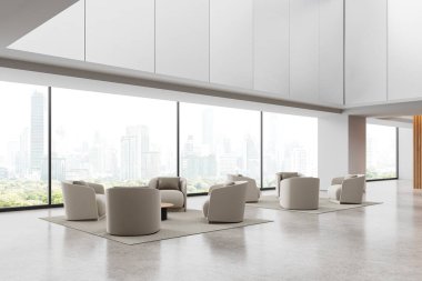 Ofis içi yumuşak bir yer, yan koltuklar ve kahve masası. Bangkok gökdelenlerinde panoramik pencereli modern lobide bekleme ya da dinlenme alanı. 3B görüntüleme