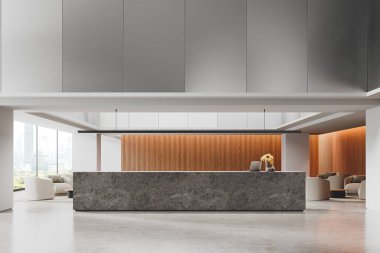 Taştan resepsiyon masası, sıralı kahve masası olan koltuklar. Ofis metali tasarımı ve bekleme ve danışma alanı. Bangkok 'ta panoramik pencereli modern lobi. 3B görüntüleme