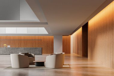 Ahşap ofis lobisi, koltuklar ve kahve masası, dizüstü bilgisayarlı resepsiyon masası. İş yerinde rahat mobilyalarla beklemek ya da rahatlamak. 3B görüntüleme