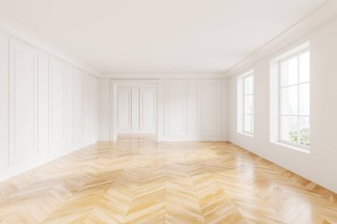 Klasik boş yatak odası döşemesi, Bangkok gökdelenlerinde panoramik pencere. Oturma ya da dinlenme odası tasarımı. Mobilya yok, insan yok. 3B görüntüleme