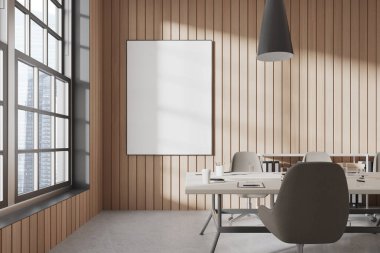 Konferans salonu, sandalyeler, masa, parlak beton zemin. Mobilyalı ve panoramik pencereli buluşma yeri. Model uzay tuvali posteri. 3B görüntüleme