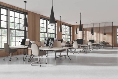 Çalışma ve cam toplantı odası, masa başında bilgisayar ve sıra dizilmiş koltuklar ile iş içi manzarası. Tropik bölgelerde panoramik pencere. 3B görüntüleme