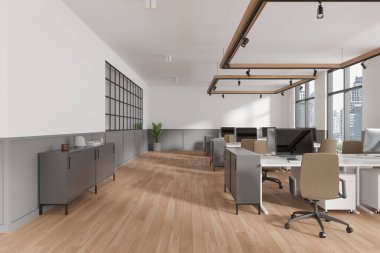 Çalışma masasında bilgisayar ve ahşap zemin süslemeli büfe olan şık bir ofis. Bangkok gökdelenlerinde panoramik pencereli rahat bir çalışma alanı. 3B görüntüleme