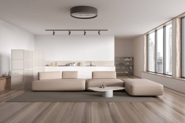 Halıda kanepe ve yemek pişirme yeri olan lüks bir stüdyo. Şık mobilyaları ve dekorasyonu olan rahat bir daire, Bangkok gökdelenlerinin panoramik penceresi. 3B görüntüleme