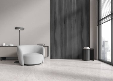 Gri ve ahşap duvarları, beton zemini, rahat gri koltuğu ve rahat gri şifoniyeri olan şık bir oturma odası. 3d oluşturma