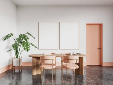 Beyaz ve pembe oturma odasının içinde yemek masası ve sandalyeler, gri beton zeminde yemek alanı. Arka arkaya iki tane boş poster. 3B görüntüleme