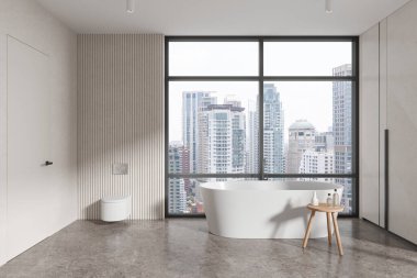 Modern otel banyosu. Duvara asılmış tuvalet, aksesuarlı küvet. Bangkok gökdelenlerinde görünmez kapısı ve panoramik penceresi olan banyo alanı. 3B görüntüleme