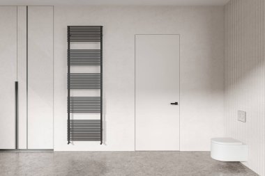 Minimalist otel banyosu. Duvara asılmış tuvalet, havlu korkuluğu ve beton zeminde görünmez kapı. Çağdaş dairede tuvalet. 3B görüntüleme