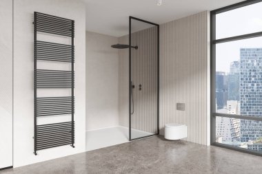 Beyaz duvarları, beton zemini olan şık bir banyonun köşesi. Duşta cam duvar ve tuvaletle rahat bir yürüyüş. 3d oluşturma