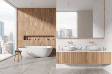 Lüks banyo, çift lavabo ve ayna, Kuala Lumpur gökdelenlerinin panoramik penceresinin yanında küvet. Modern dairede şık bir banyo yeri. 3B görüntüleme