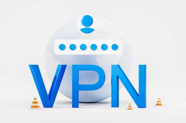 Beyaz zemin üzerinde büyük mavi VPN işareti ve dünya küresi görüntüsü. Güvenli internet bağlantısı ve veri koruması kavramı. 3d oluşturma
