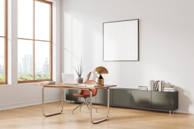 Yönetici iç masası ve dizüstü bilgisayarın köşesi, ahşap zemin süslemeli büfe. Bangkok 'ta panoramik pencereli rahat bir çalışma alanı. Model uzay kare posteri. 3B görüntüleme