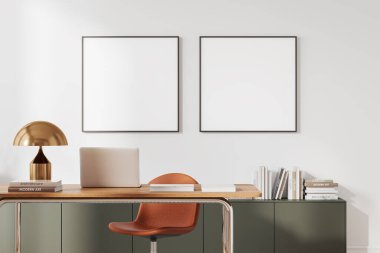 Beyaz duvarları olan şık bir ev ofisi, turuncu sandalyeli rahat bir bilgisayar masası ve iki kare poster. 3d oluşturma