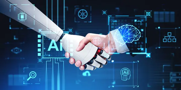 Man and robot handshake and digital hologram with AI brain, diverse futuristic technologies icons. Artificial intelligence and virtual assistant. Concept of machine learning and innovation