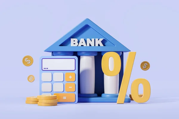 Cartoon bank building and calculator, stack of gold coins with percent sign, interest rate. Concept of investment, credit and dividends. 3D rendering illustration
