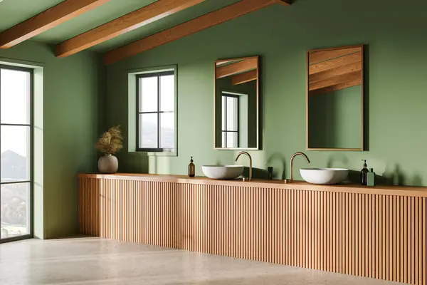 Side View Green Hotel Bathroom Interior Double Sink Wooden Vanity — Stock Photo, Image