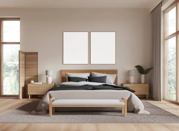 Cozy Hotel Bedroom Interior Bed Nightstand Decoration Carpet Hardwood Floor — Stock Photo, Image