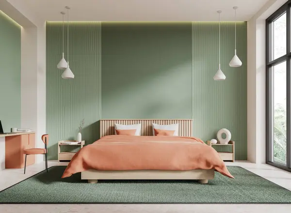 Interior of stylish bedroom with green and white walls, concrete floor, comfortable king size bed with pink cover and two bedside tables. 3d rendering