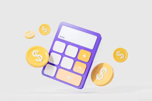 View of calculator with dollar coins around it over pale green background. Concept of money spending strategy and financial planning. 3d rendering