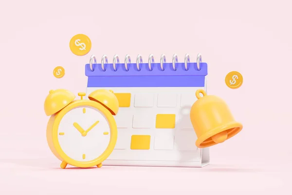 View of desk calendar, alarm clock and bell over pink background. Concept of time management and planning. 3d rendering
