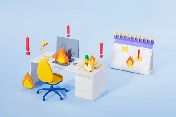 Cartoon office workplace with pc computer, work desk with alarm clock on fire and burning calendar with exclamation mark. Concept of deadline. 3D rendering illustration