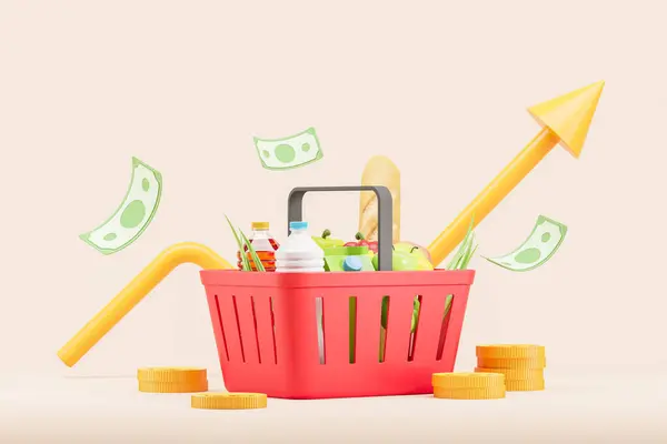 Rising graph line and red shopping basket, banknotes and dollar coins falling on light background. Concept of food cost and high prices. 3D rendering illustration
