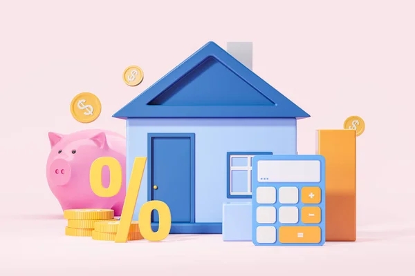 卡通房屋建造和小猪钱箱 百分比签署和下降的金币 付款和抵押贷款的概念 3D渲染说明 — 图库照片