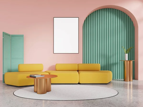 Interior of stylish living room with pink walls, concrete floor and comfortable yellow couch standing near round coffee table. Vertical mock up poster. 3d rendering