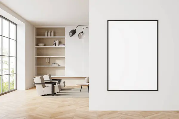 Interior Moderna Sala Estar Com Paredes Brancas Piso Madeira Poltronas — Fotografia de Stock
