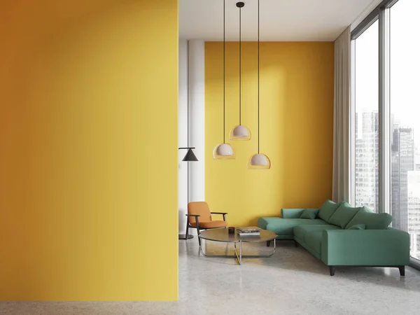 Interior of modern living room with yellow and white walls, concrete floor, comfortable green sofa and orange armchair standing near coffee table. Copy space wall. 3d rendering