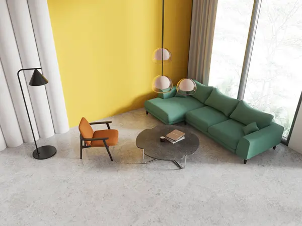 家庭客厅内部的顶部景观与绿色沙发和扶手椅 咖啡桌与装饰和全景窗口热带地区 用舒适的家具放松角落 3D渲染 — 图库照片