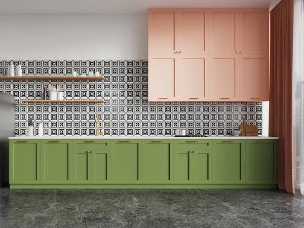 Interior of stylish kitchen with white and tiled walls, concrete floor, comfortable green cabinets with built in sink and cooker and pink cupboards. 3d rendering