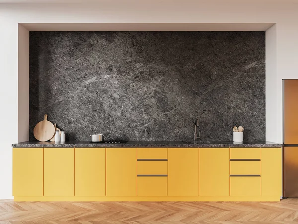 Luxury Home Kitchen Interior Sink Stove Yellow Shelves Kitchenware Fridge — Stock Photo, Image