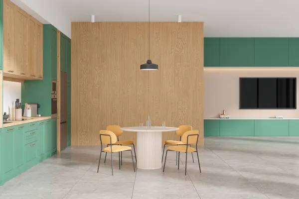 Zielone Drewniane Wnętrze Kuchni Domowej Stołem Krzesłami Szafka Lodówką Strefa — Zdjęcie stockowe