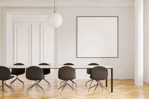 Interior of modern office meeting room with white walls, wooden floor and long conference table with black chairs. Square mock up poster. 3d rendering